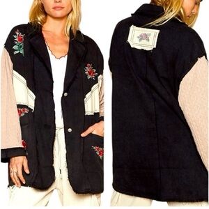 POL Oversized Patchwork Floral Embroidered Long Jacket Small
